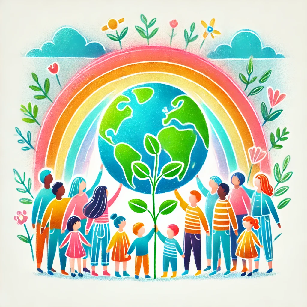 dall_e_2024-07-02_14.38.33_-_a_bright_and_happy_pastel_illustration_of_a_diverse_group_of_people_including_children_holding_a_growing_plant._the_world_is_depicted_in_the_backgro.webp